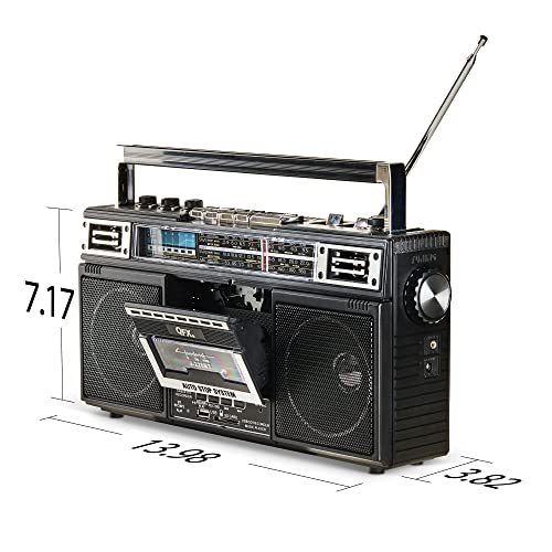 QFX Retro Bluetooth Boombox Cassette Tape Player Recorder, J-220BT, Black | Portable, Dual 3" Speakers, AM/FM/SW1/SW2 Radio, Rechargeable Battery, Built-In Mic, Recorder, 3-Band Equalizer