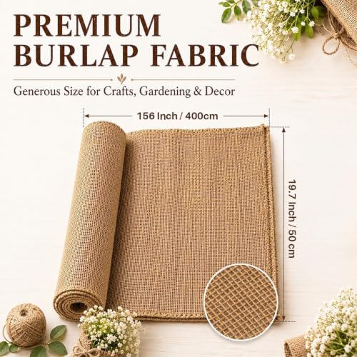 RAINFLOW 19.7" x 13 Feet Burlap Fabric Roll - Natural Jute Burlap Roll | Multipurpose Garden Fabric for Weed Barrier, Tree Wrap, Plant Cover, Landscaping, Farmhouse Decor, Wedding Decor & Crafts