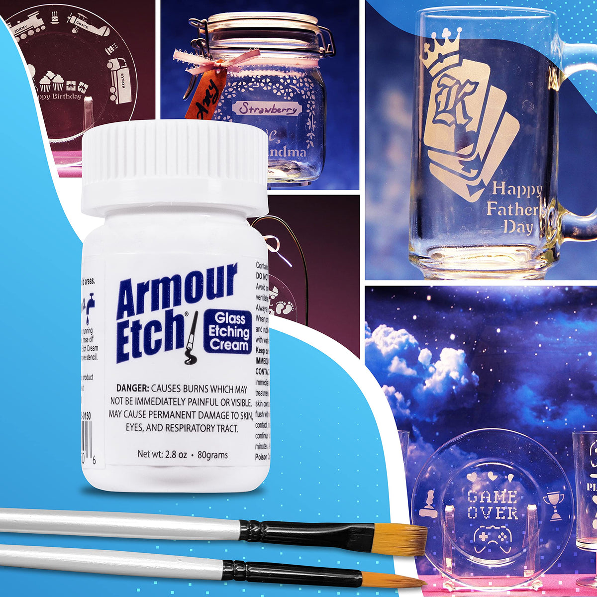Armour Etch Glass Etching Cream 2.8oz Net Wt. Bundle with Moshify Brushes | Works with stencils to etch detailed designs on windows, mirrors and glassware for custom gifts and home décor projects