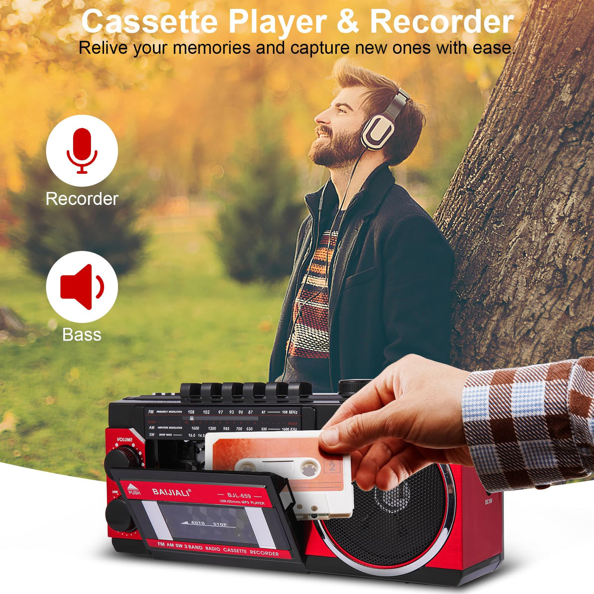 BAIJIALI Portable Cassette Player with AM/FM/SW Radio & BT | Boombox for Home and Travel, Record from Radio, Play via SD/USB, Headphone Jack, AC/Battery Power