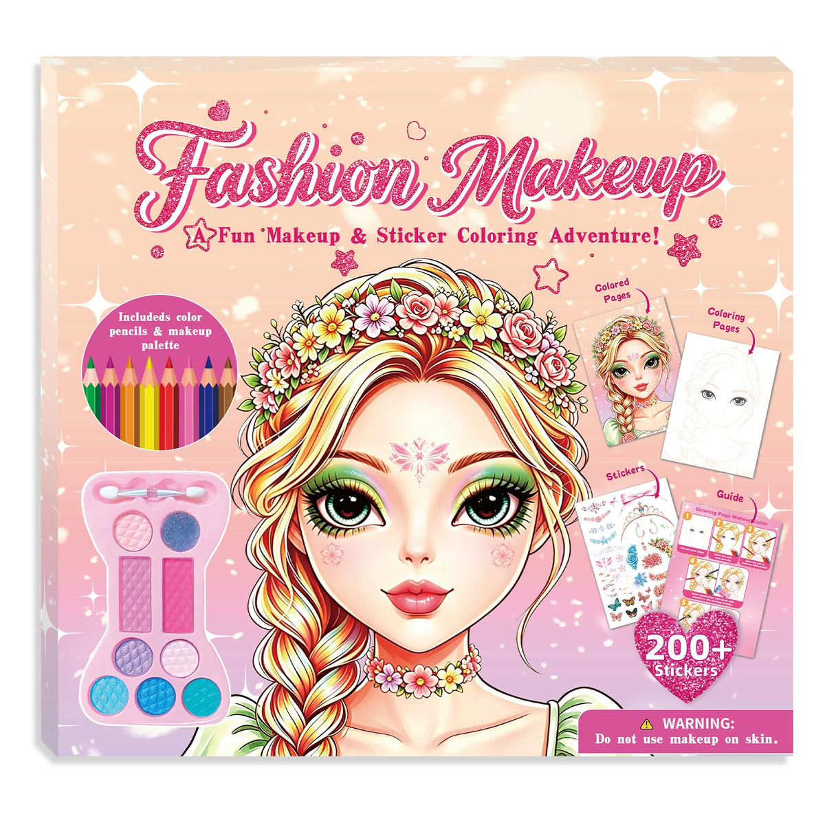 Elfew Makeup Sticker Coloring Books for Kids, Dress UP Toy for Girls 5-8 | 200+ Stickers with 8 Colored Pencils & Makeup Palette, Creative Activity Toy for Home Travel Party Gift