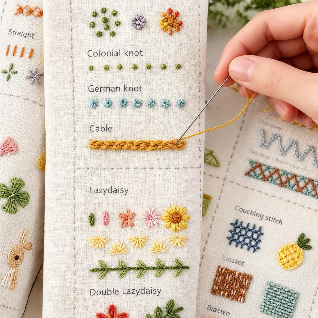 Embroidery Stitch Book Kit for Adults & DIY Craft Enthusiasts, Portable Embroidery Kit for Beginners, Includes Guide to 106 Patterns with Tools & Tutorials and 86-Piece Sewing Tool Set