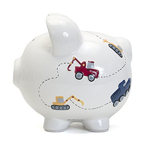 Child to Cherish Ceramic Piggy Bank for Boys, Construction Trucks, White