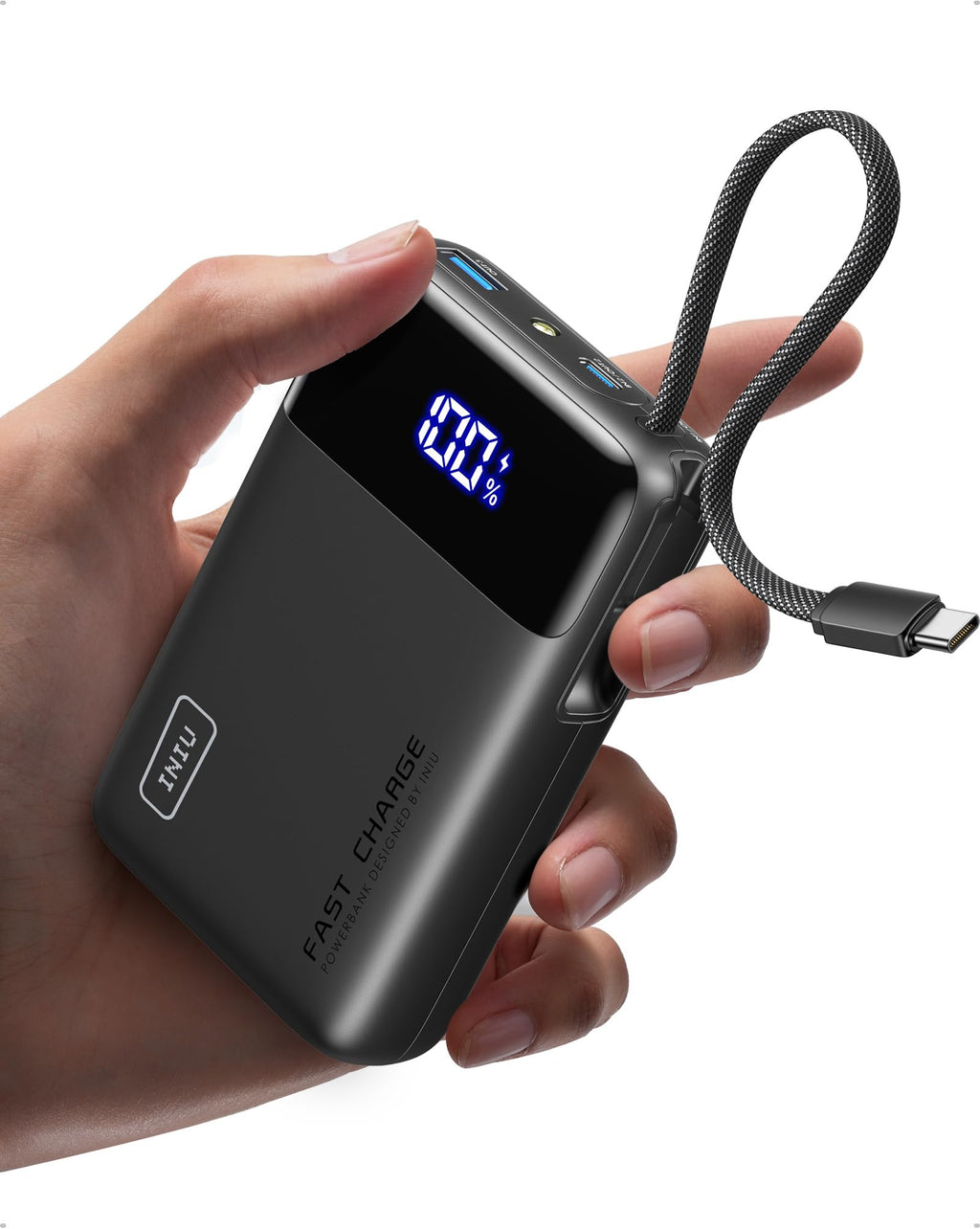 INIU 20000mAh Portable Charger, Smaller 45W Fast Charging Travel Power Bank | Flight-Safe, Built in USB-C Cable, Travel Essential, Battery Phone Pack for iPhone 18 17 16 Pro, Samsung S26, iPad etc, Black