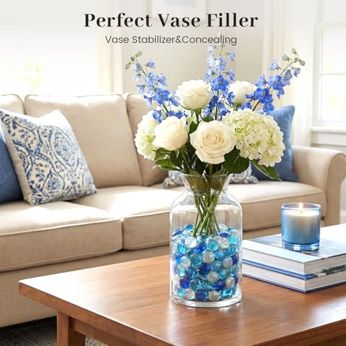 FuturePlusX 1 LB Mixed Blue Glass Beads, Flat Marbles for Vase Fillers | Decorative Glass Pebbles, Rocks Fish Tank Aquarium Decor, Table Scatter and DIY Crafts