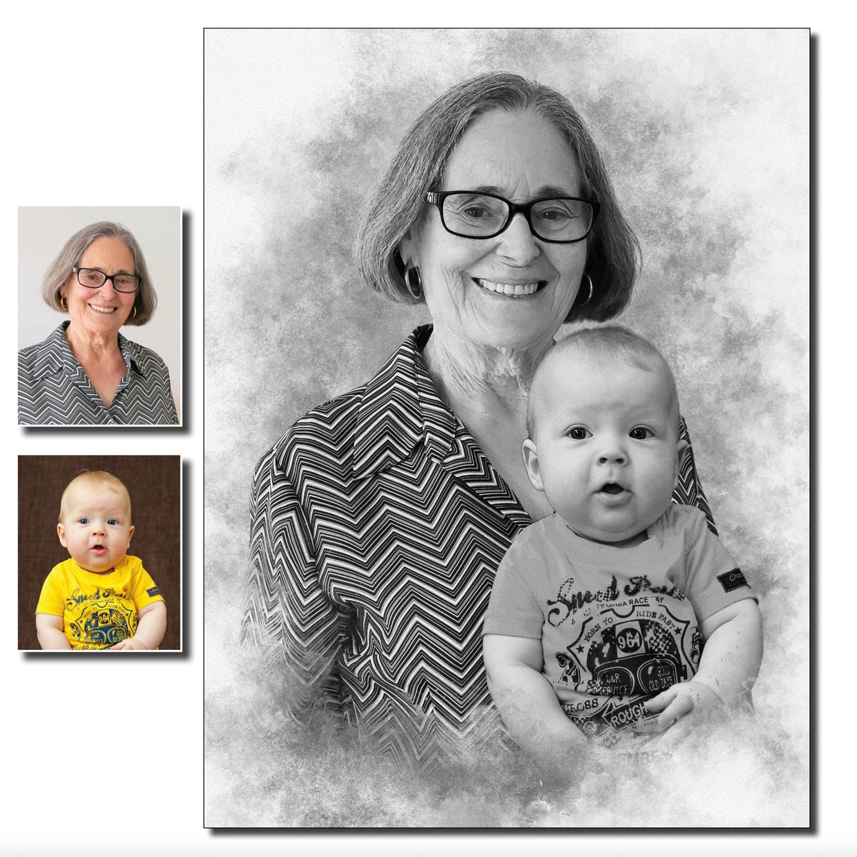 Custom Pencil Drawing from Photos – Charcoal Style Portrait – Merge Family Photos, Add Passed Loved One – Memorial Gift with Angel Wings – Personalized Canvas from Picture – In Memory of Mom