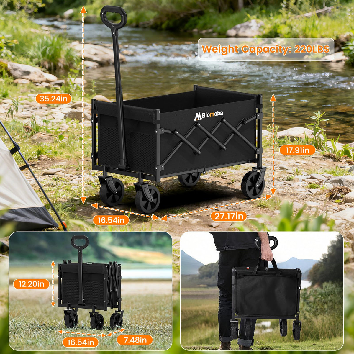 Blomoba Folding Wagon Cart with Wheels, 220lbs Utility Wagon Cart, Black | Collapsible Wagon with 360° All-Terrain Wheels & Adjustable Handle, Foldable Cart for Groceries Camping Sports Gardening