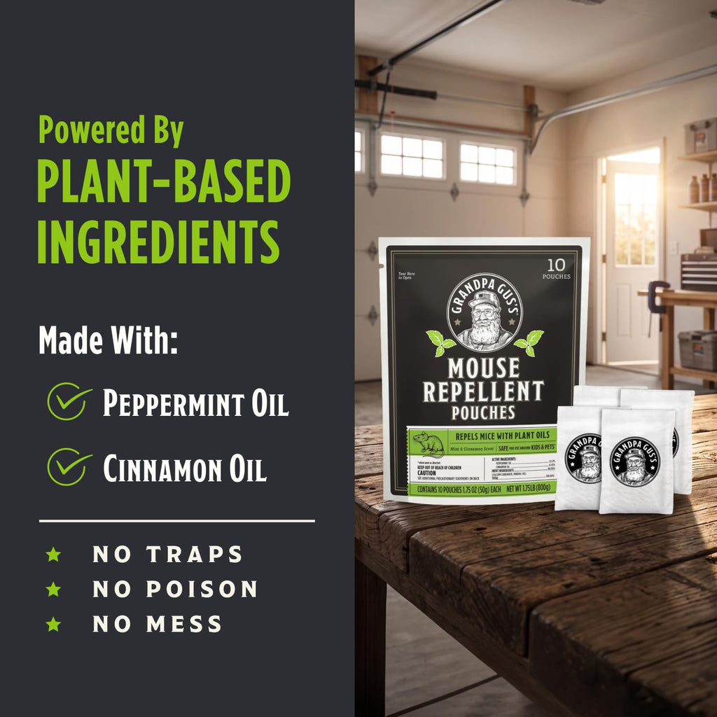 Grandpa Gus's Mouse Repellent Pouches, Peppermint & Cinnamon, Pack of 10 | Plant-Based, Natural Rodent Repellent and Nesting Prevention for Homes/Cabin/Garages/Storage/Vehicles, Kid & Pet Safe
