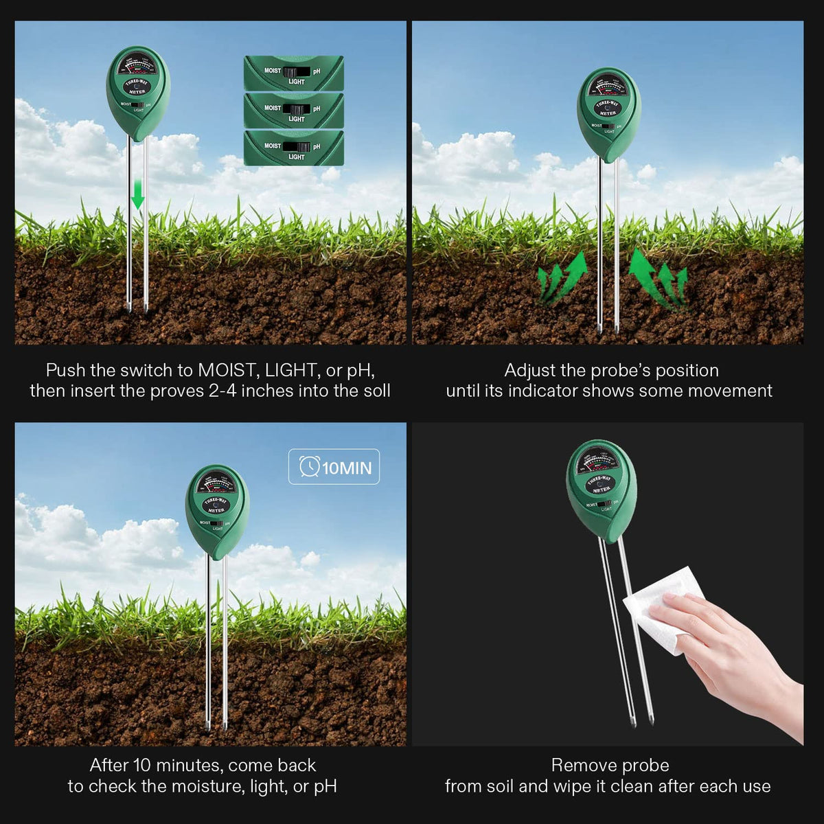 VIVOSUN Plant Soil Moisture Meter, 3-in-1 pH Tester, Indoor & Outdoor Use | Battery-Free; 3-in-1 Plant pH Tester; Home, Garden, Lawn, Farm; Promote Plants Healthy Growth