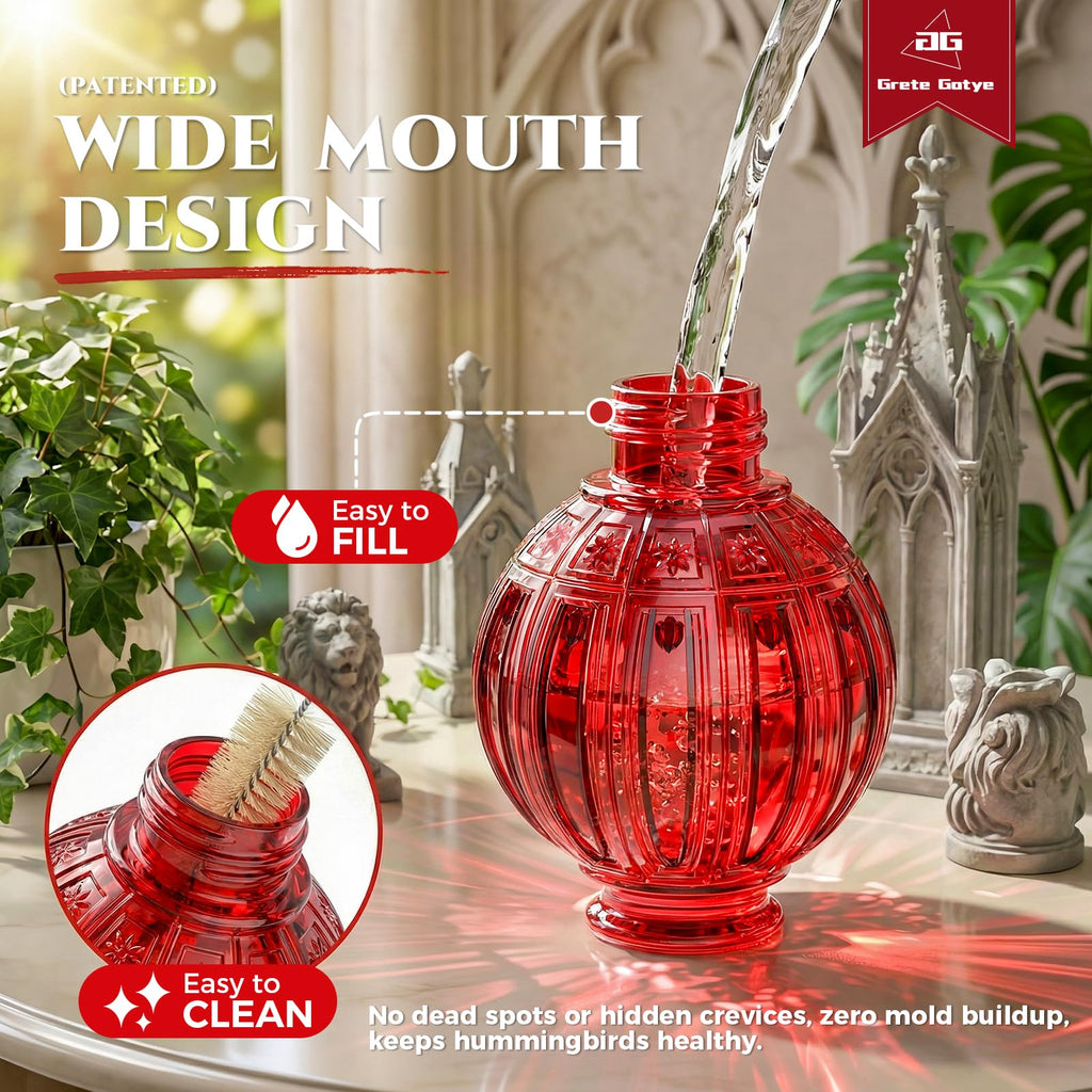 Glass Hummingbird Feeder for Outdoors Hanging, 26 fl oz Bird Nectar Feeder | 5 Metal Flower Feeding Ports, 360° Perch Ring, Easy Refill & Clean, Leakproof, Ideal for Backyard, Garden Outdoor Decor, Red