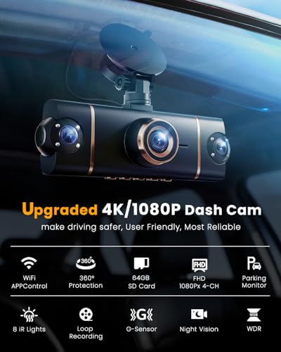 XYGCACO 4K Dash Cam Front and Rear, WiFi Dash Camera for Cars with App | 4K+1080P*3 FHD Dash Cam, 64G Card Included, G-Sensor Emergency Lock, 8 IR Lamps Night Vision, 24H Parking Monitor, Black Gold