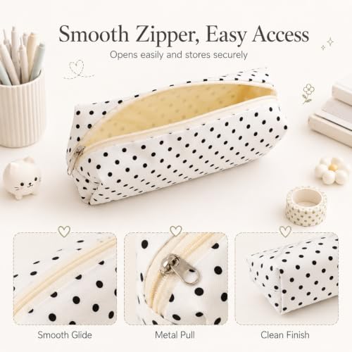 Polka Dot Canvas Pencil Case, Foldable Pouch for Stationery & Makeup, Black | Cute Polka Dot Canvas Pencil Pouch, Large Capacity Soft Aesthetic Pen Case Organizer for Supplies & Daily Use