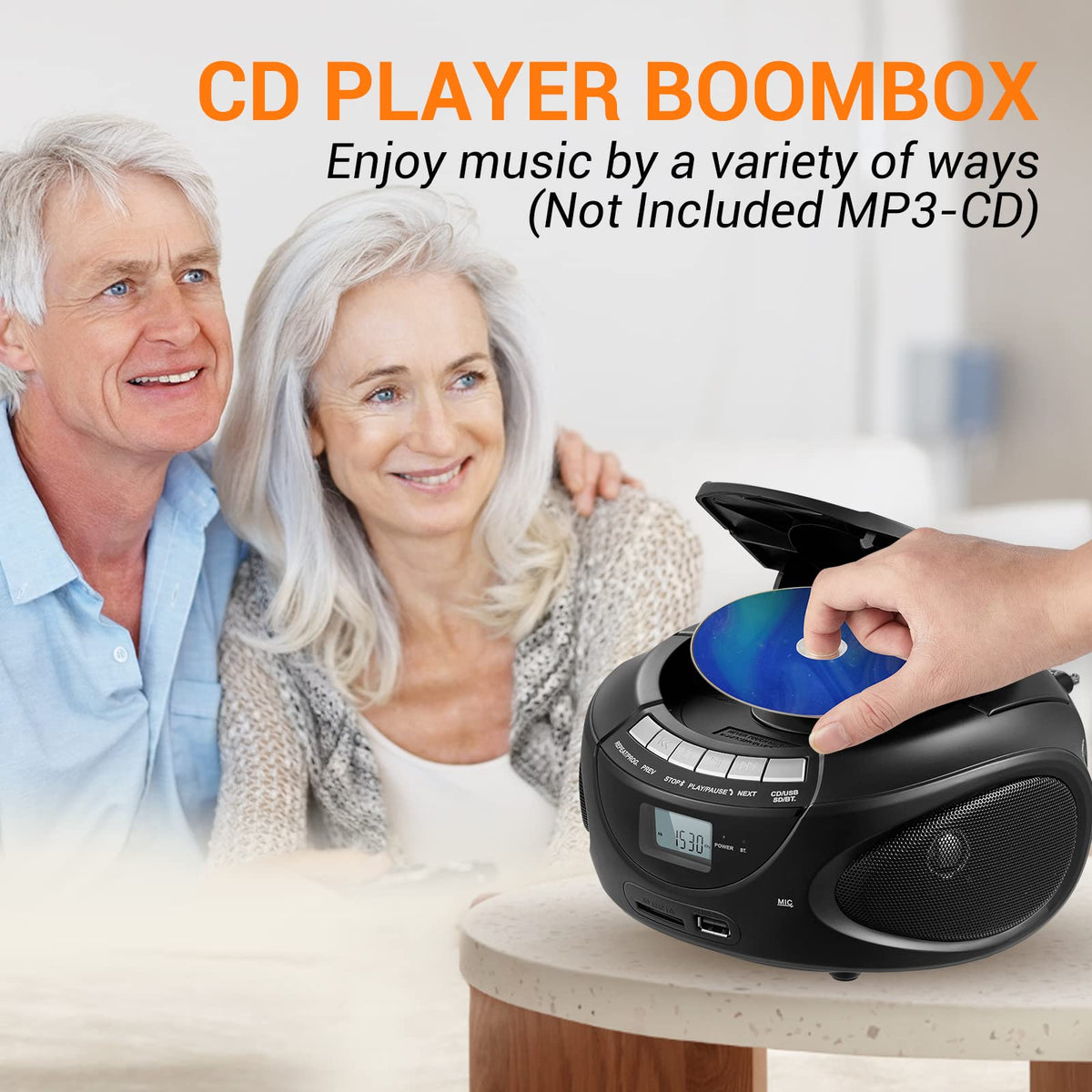 Gelielim Portable CD Players for Home, CD Boombox with AM/FM Stereo Radio, Bluetooth, USB, SD Card, MMC Drive, Aux-in, Headphone Jack,LCD Display, Boom Box CD Player AC/Battery Operated – Black