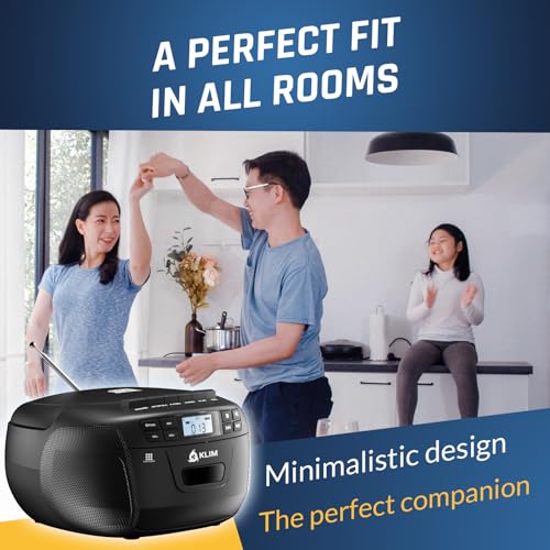 CD Cassette Player with Case, Bluetooth Boombox, AM FM Radio, USB Drive | 3W Stereo Speakers, Song Programming Included, Remote Operates Up to 6 Metres Away - Black