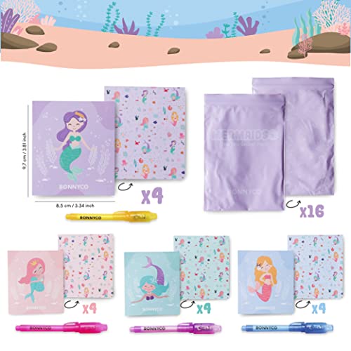 BONNYCO Invisible Ink Pen and Notebook Pack of 16 Party Favors for Kids | Mermaid Goodie Bags Stuffers for Kids. Birthday Party Supplies with Magic Spy Pen, Goody Bag Stuffers, Return Gifts, Prizes