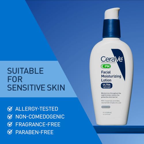 CeraVe PM Daily Facial Moisturizer, Skin Care for Dry Skin, Oil-Free, 3oz | Travel Sized Face Lotion with Hyaluronic Acid, Niacinamide & Ceramides, Face Moisturizer for Men & Women, Skin Barrier Repair