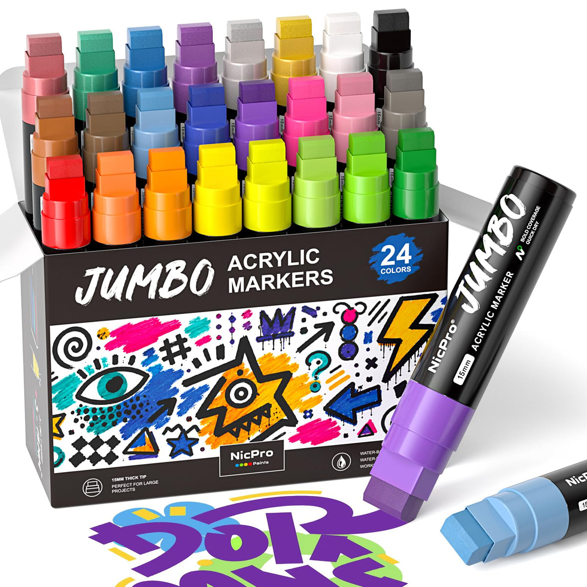 Nicpro 24 Colors Jumbo Poster Markers, 15MM Wide Tip Paint Marker | Large Acrylic Paint Markers for Canvas, Rock, Sign Lettering, Fabric, Window, Wood