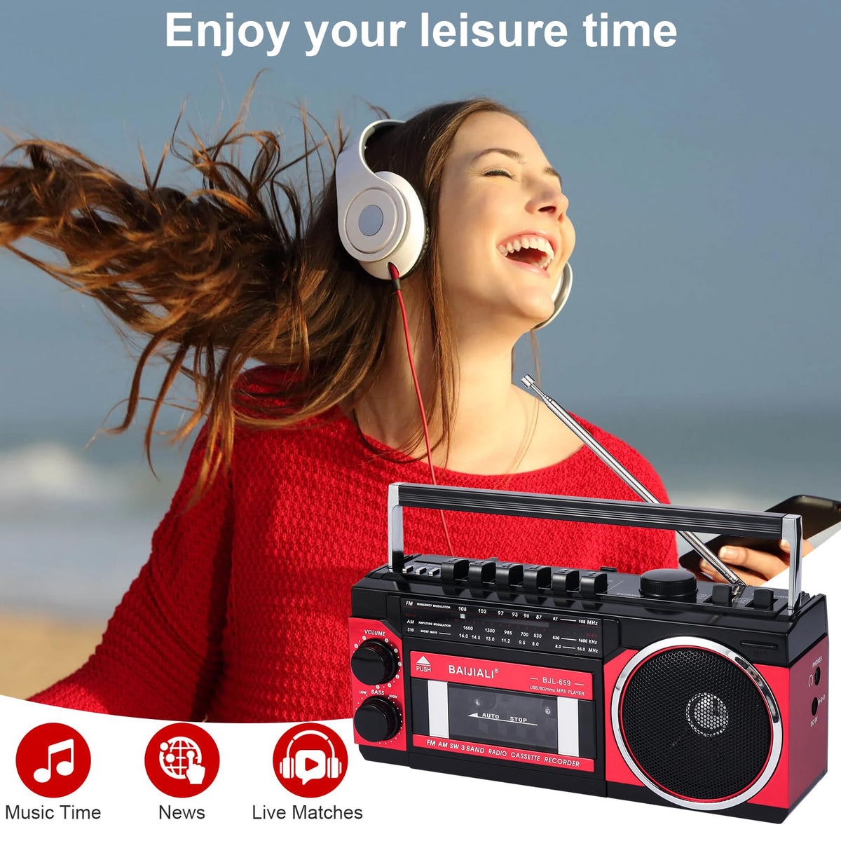 BAIJIALI Portable Cassette Player with AM/FM/SW Radio & BT | Boombox for Home and Travel, Record from Radio, Play via SD/USB, Headphone Jack, AC/Battery Power