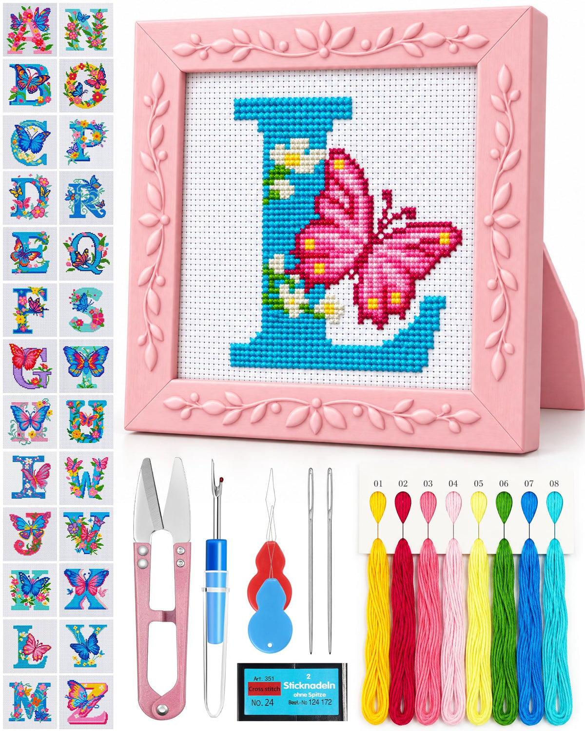 FIVEIZERO Alphabet Cross Stitch Kit, Stamped Cross Stitch Kit for Beginners | A-Z letter designs with stamped canvas, colorful floss and tools for easy DIY embroidery, monograms, gifts and home decor.