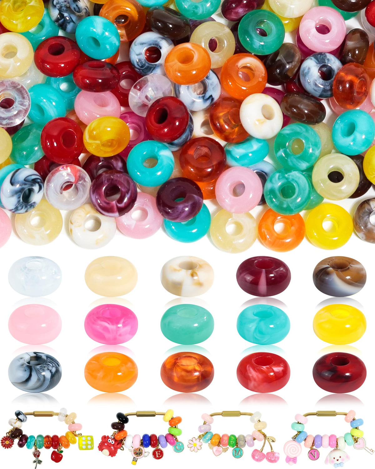 FIVEIZERO 150Pcs Acrylic Large Hole Beads for Carabiner Bag Charms，14mm | 15 Colors; Marbled Chunky Beads with 5mm Holes for Keychains Paracord DIY Beaded Bag Charm Beads Jewelry Making
