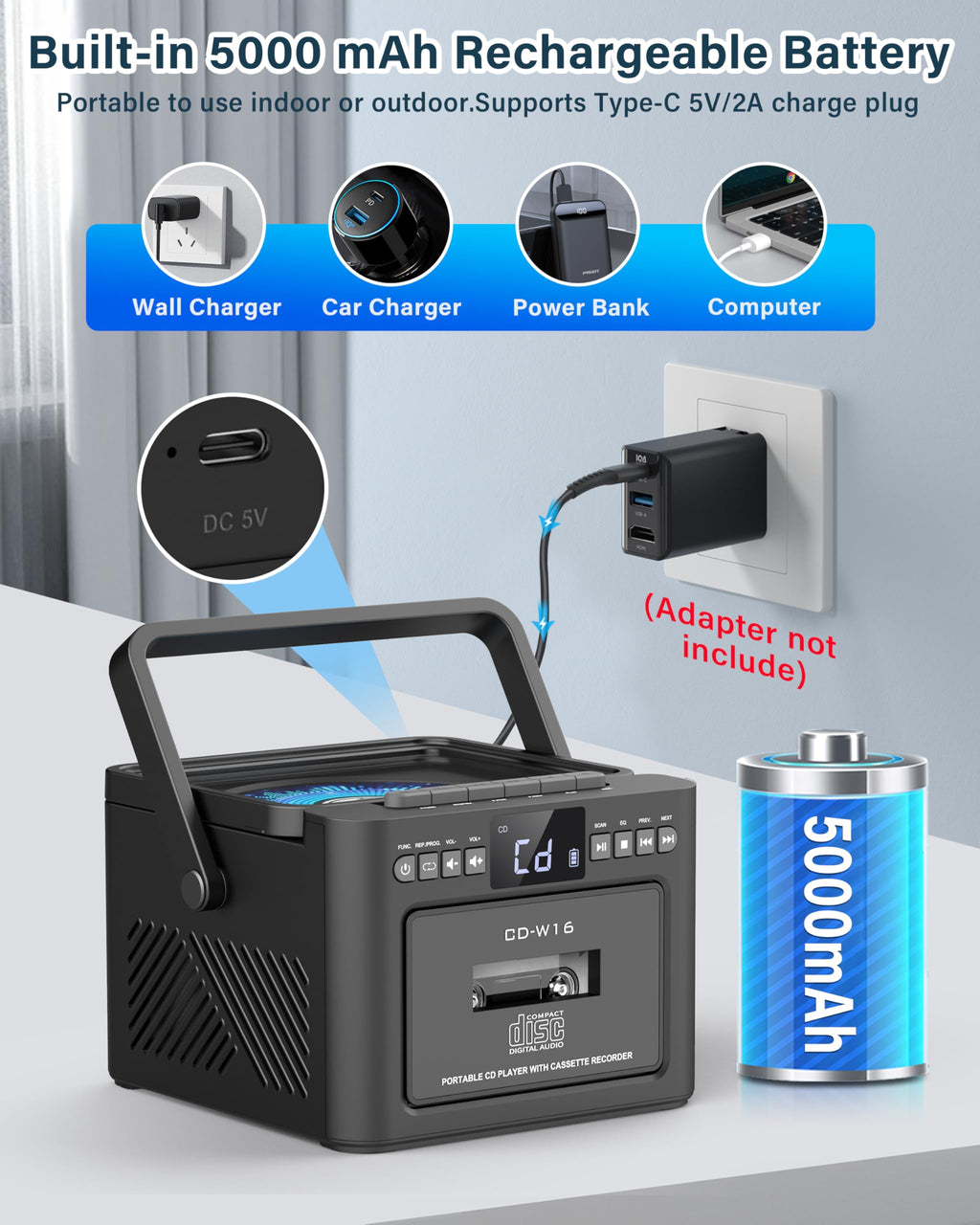 Sunoony Boombox Cassette CD Player Combo with Bluetooth, 5000mAh Battery | Rechargeable Cd and Cassette Player for Home,FM Radio/Remote Control/Tape Recording/AUX/TF/USB/Earphone Jack for Kids, Gift