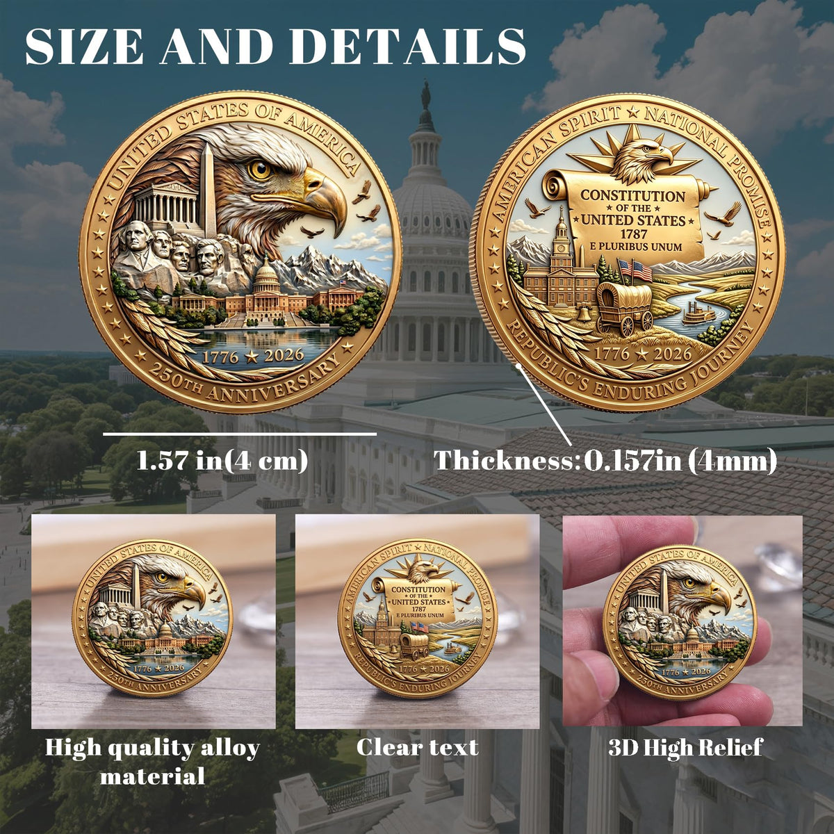 USA 250th Anniversary Commemorative Coin - American Eagle & Patriotic Symbols Collectible - America 250 Merchandise for Celebration & Gifting (1776-2026) (250th-Presidents-eagle)