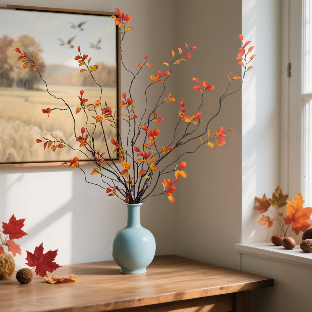 4 Pcs Fall Stems Artificial Ficus Branches Faux Eucalyptus Stems Fall Decor | 47.2 Inch Fake Leaves Fall Decorations for Home, Autumn Table Decor Fall Branches for Vase Filler Centerpieces