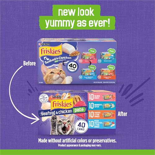 Purina Friskies Pate Wet Cat Food Variety, Seafood & Chicken, (40) 5.5 oz | Moist cat food with real seafood or chicken, smooth easy-to-chew pate texture, 40-count variety pack to stock up