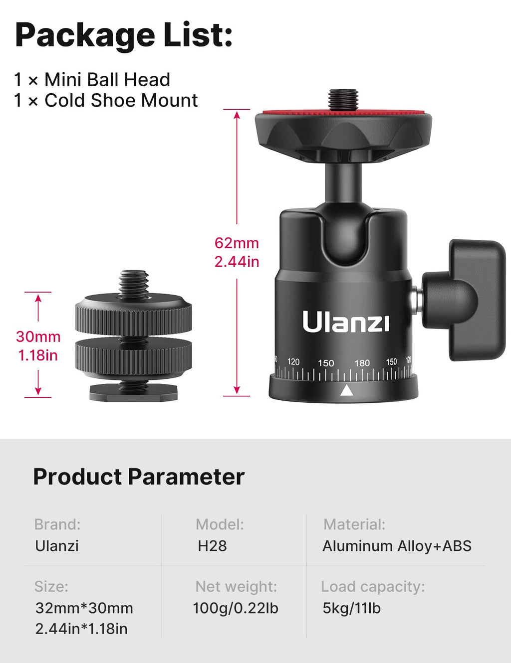 Mini Ball Head, ULANZI H28 Panoramic Tripod Head + Dual Hot Shoe Mount DSLR Camera Mount Adapter Photograph Attachment Accessories for Action Cameras Cam Smartphone Light Microphone Loading 5.5lb