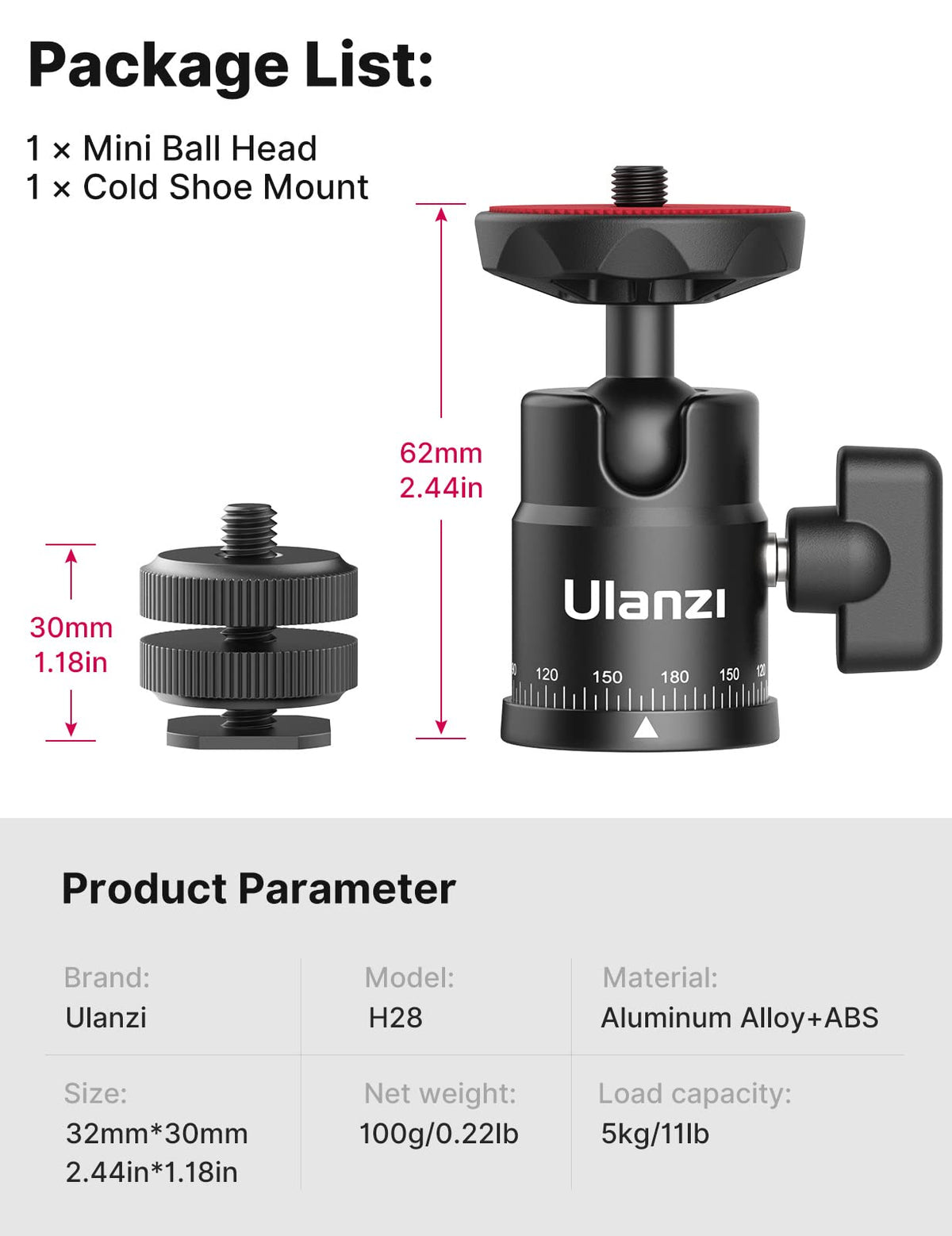 Mini Ball Head, ULANZI H28 Panoramic Tripod Head + Dual Hot Shoe Mount DSLR Camera Mount Adapter Photograph Attachment Accessories for Action Cameras Cam Smartphone Light Microphone Loading 5.5lb