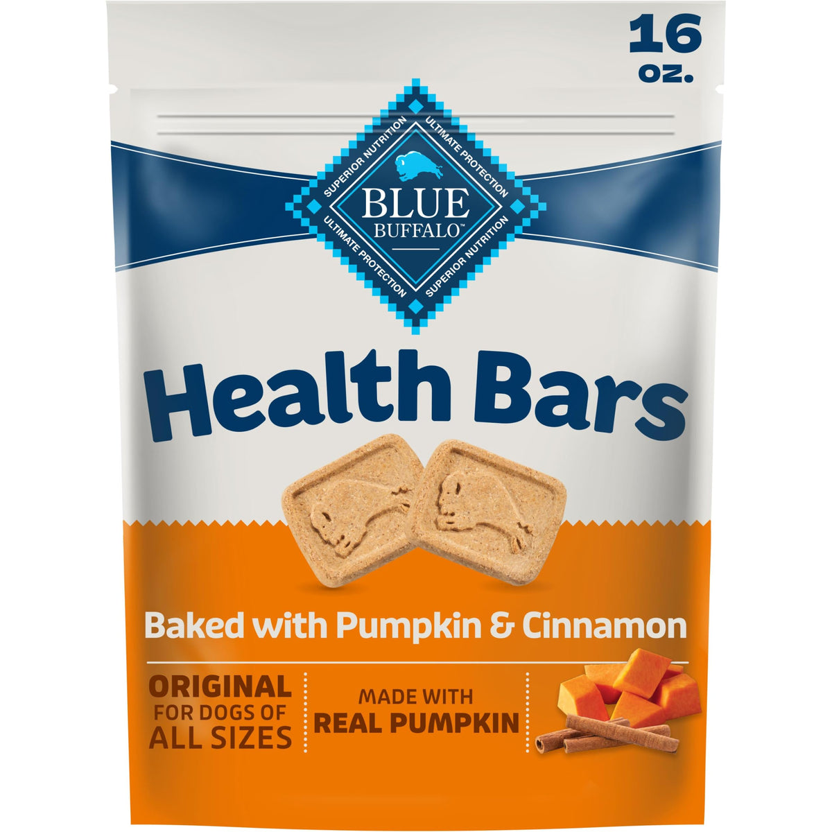 Blue Buffalo Health Bars Pumpkin & Cinnamon Dog Biscuits, 16 oz | Oven-Baked, Crunchy Texture, No Chicken By-Product, Corn, Wheat, or Soy