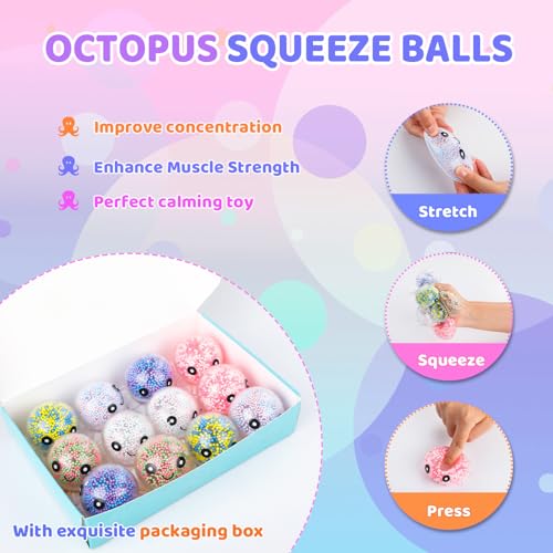 VESPRO 12 Pack Fidget Stress Balls for Adults, Cute Octopus Stress Ball | Features a soft, squeezable texture, Bulk Squishy Squeeze Ball Toys Set for Classroom Prizes and Birthday Party Favors