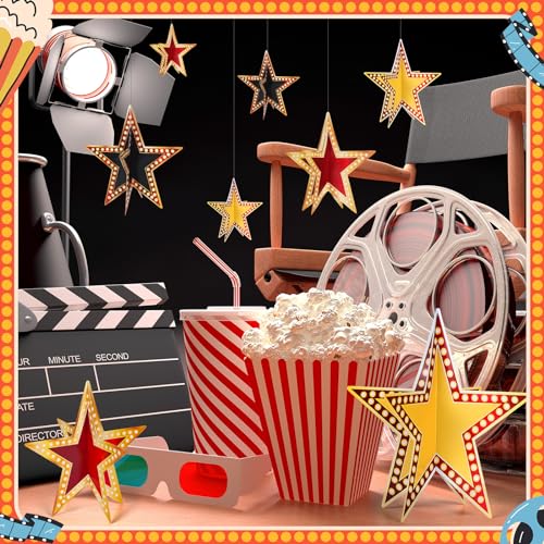 Sinload 45 Piece 3D Glitter Star Centerpieces Red Black Gold Party Decor | 300 Gsm Cardstock with 15 Pieces Per Size in 8" 5" 3" Formats for Standing Hanging Back to School Movie Night Awards Decor