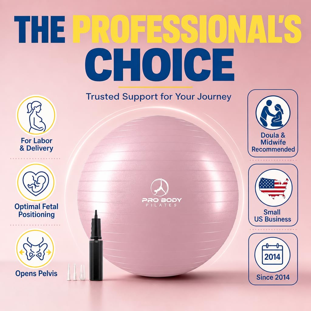 ProBody Pilates Pregnancy Ball with Guide - Birthing Ball | 1.7mm Anti-Burst PVC, CA 10P Certified, 55/65/75 cm, Guide, Doula & Midwife Use, Pump, Pregnancy Essentials