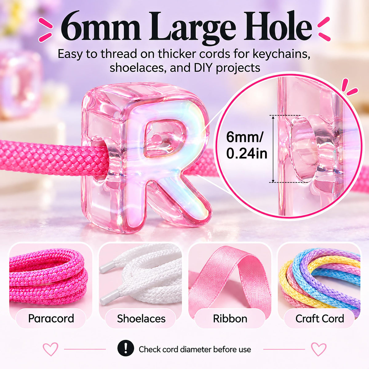 76Pcs Bubble Letter Beads, 20mm Large Hole Beads for Keychains | Each A-Z character appears twice or more, with extra vowels and common characters for names, bag charms and backpacks.