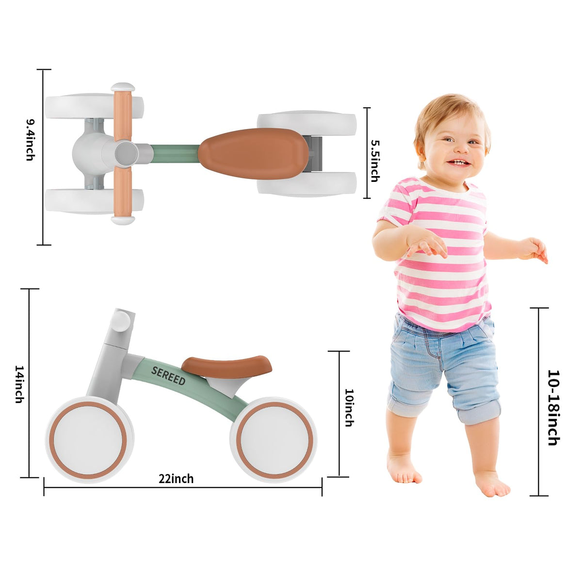 SEREED Baby Balance Bike for 1 Year Old Boy Girl, First Birthday Gift Toy | 12-24 Months Toddler Bike, First Learning Ride on Toys, 4 Silent Wheels Indoor Outdoor Baby Walker, Green