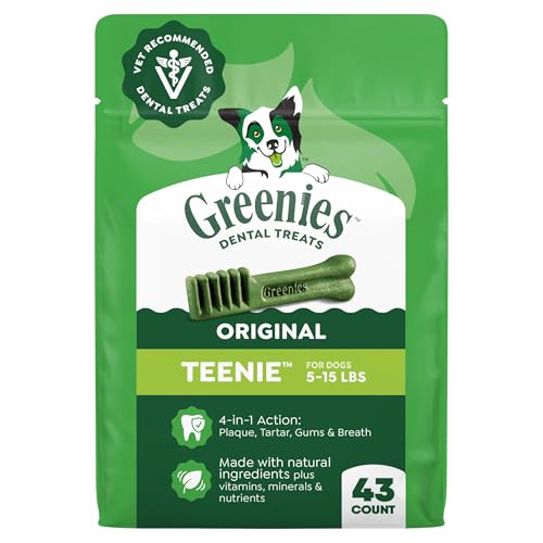 Greenies Teenie Original Natural Dental Dog Treats, Chicken, 43 Count | Veterinarian-recommended, supports oral health & freshens breath, clean to gumline, for dogs 5-15 lbs, chicken flavor