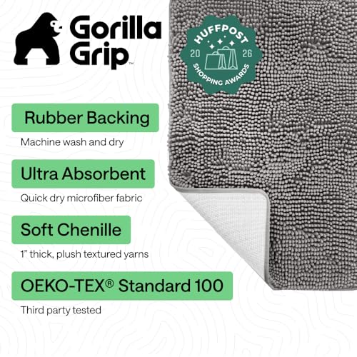 GORILLA GRIP Bath Rug Mat for Bathroom, Absorbent Chenille, 24x17 Gray | Soft Thick Quick Dry Microfiber Mats, Rubber Backing, Machine Washable Tub and Shower Floor Rugs, Home Decor Essentials