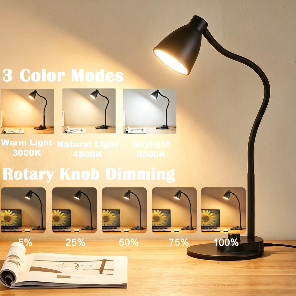 BOHON LED Desk Lamp with USB Charging Port 3 Color Modes Dimmable, Black | Reading Light Intelligent Induction Auto Dimming Task Lamp Neck Flexible Table Lamp for Bedside Office, AC Adapter Include