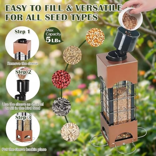 Squirrel Proof Bird Feeders for Outdoors Hanging, 5LB Large Capacity Metal Wild Bird Feeders, Heavy Duty Chew Proof Tube Feeder for Cardinal Finch Chickadee, Garden Yard Outside Decoration