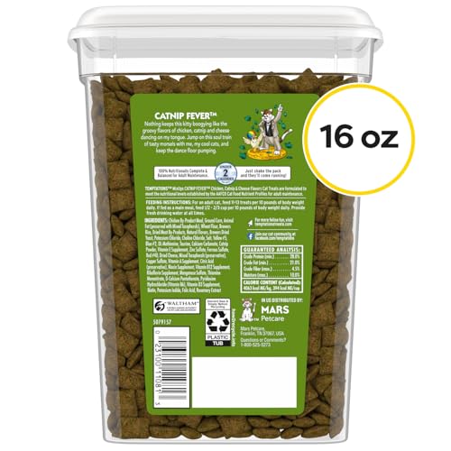 Temptations MixUps Crunchy and Soft Cat Treats, Catnip Fever, 16 oz | Chicken, catnip & cheese flavor, crunchy outside, soft inside, under 2 cal/treat, 100% complete & balanced, resealable tub