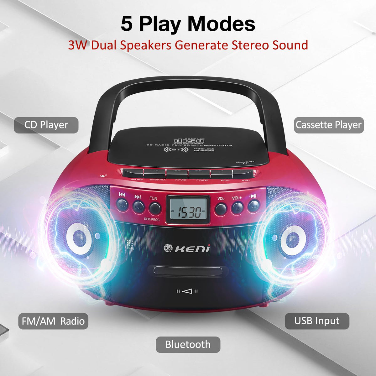 G Keni CD Cassette Player Combo, Boom Box with CD Player & AM/FM Radio | CD & Cassette Tape Player, AM/FM Radio, Bluetooth, USB Playback, Cassette Recording, Portable Design, AC/Battery Powered