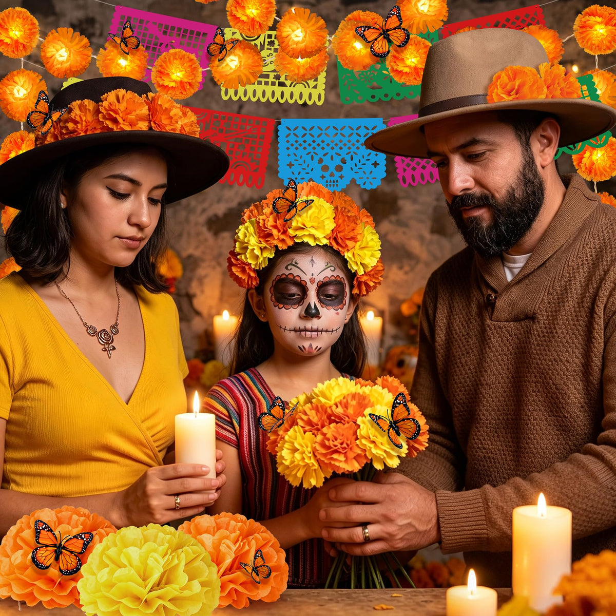 132Pcs Day of The Dead Decor Kit Dia De Los Muertos Decorations Altar Decor | Marigold Garland Light 9 Papel Picado Banners 7 Paper Flowers 50 Marigold Flowers with 50 Stems 15 Butterflies for Diwali