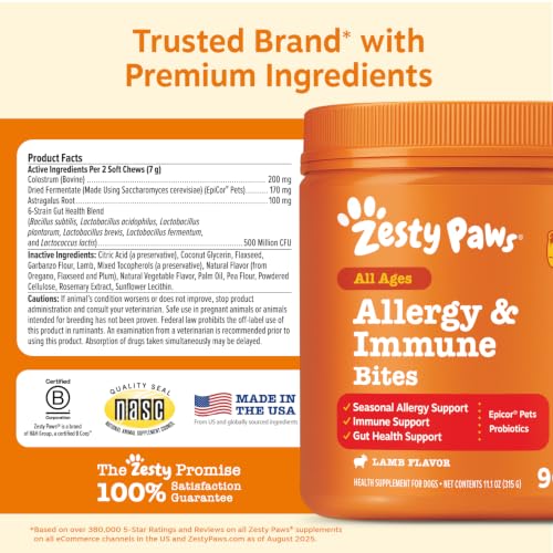 Zesty Paws Dog Allergy Chews - Dog Allergy Relief, Lamb, 90 Ct | Itch Relief for Dogs Soft Chews with Probiotics for Itchy Skin, Ears and Paws