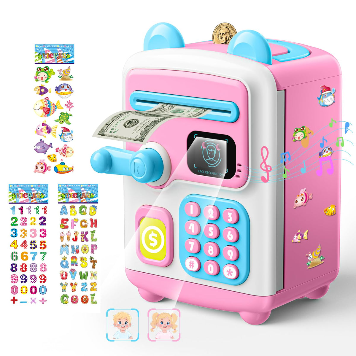 【Upgraded】 Piggy Bank, Face ID Password Unlocking Electronic Kids Bank ATM Security Unlocking Cash Coin Bank Toys Gifts for Kids, Coin Bank for 3 4 5 6 7 8 9 10 11 12 Year Old Girls Boys