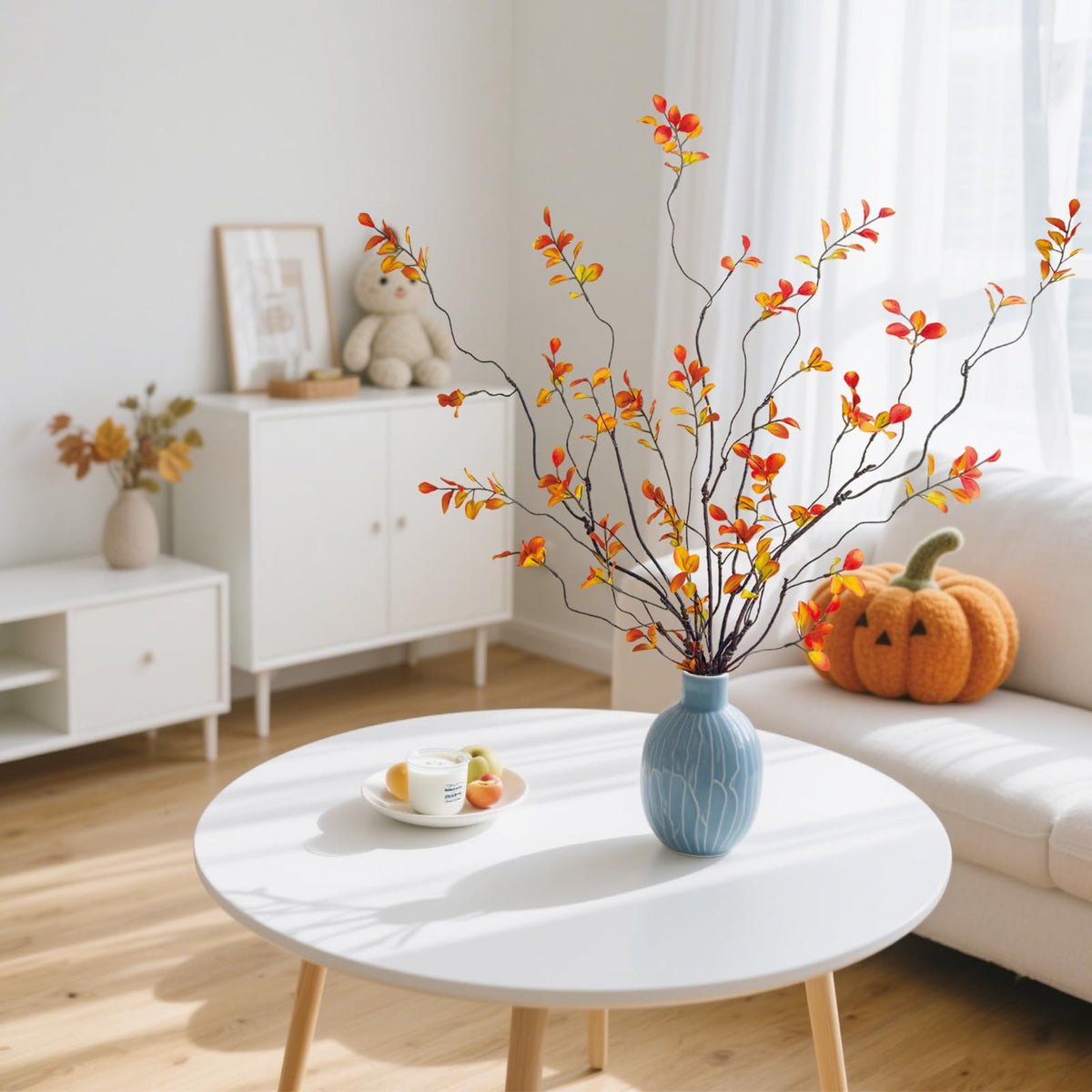 4 Pcs Fall Stems Artificial Ficus Branches Faux Eucalyptus Stems Fall Decor | 47.2 Inch Fake Leaves Fall Decorations for Home, Autumn Table Decor Fall Branches for Vase Filler Centerpieces