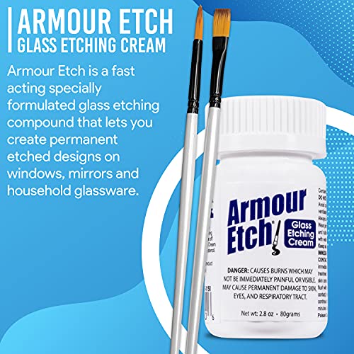 Armour Etch Glass Etching Cream 2.8oz Net Wt. Bundle with Moshify Brushes | Works with stencils to etch detailed designs on windows, mirrors and glassware for custom gifts and home décor projects