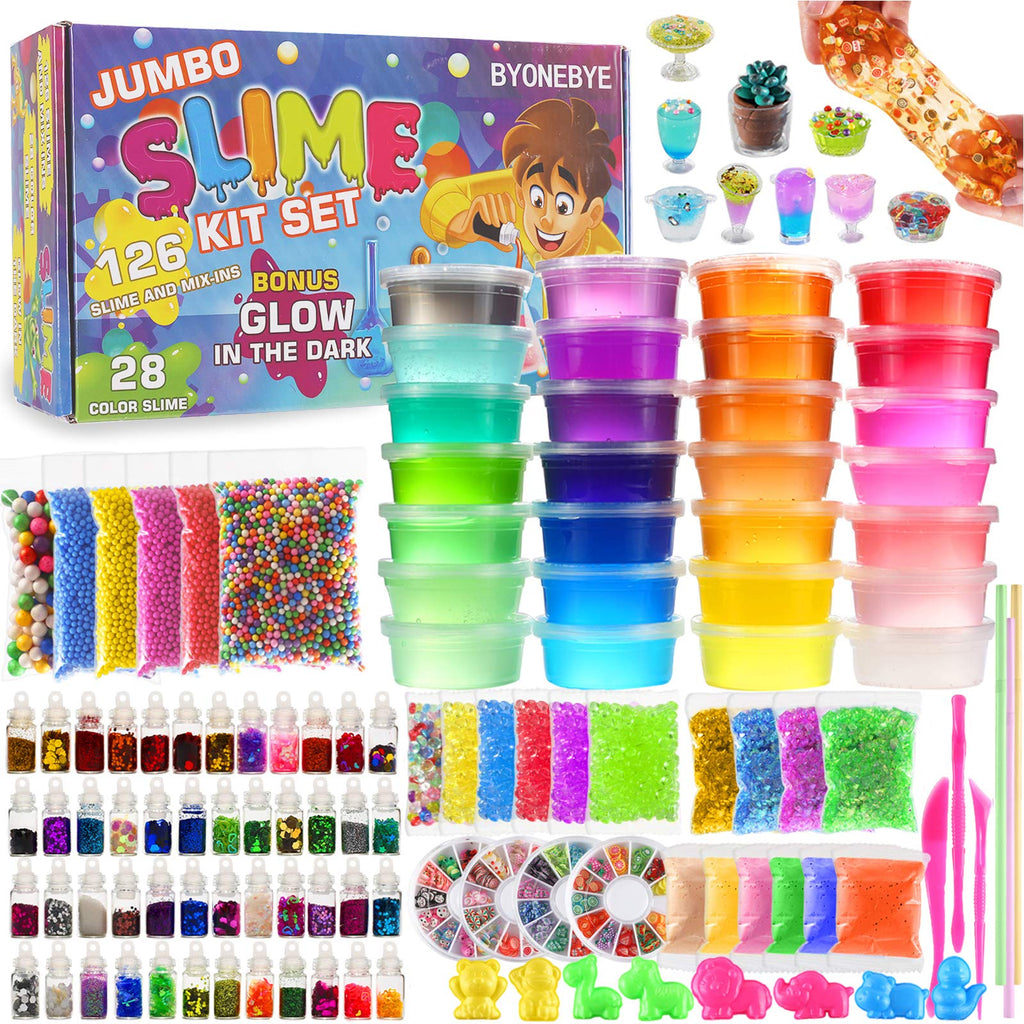 126 Pcs DIY Slime Making Kit for Girls Boys, Ultimate Supplies for Kid | Creative Slime Bulk for Birthday Gifts, sensory play,Include 28 Slime, 2 Glow in The Dark Powder, 48 Bottle Glitter jar etc.
