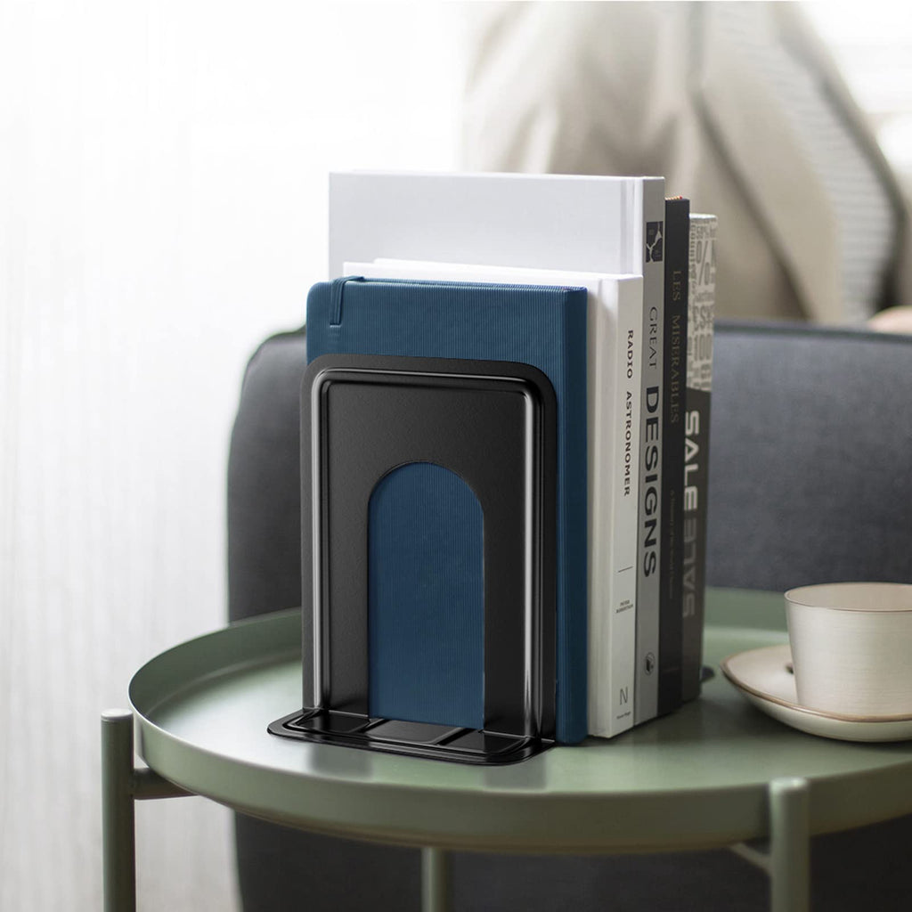 MaxGear Matte Painted Book Ends, Heavy Duty and Sturdy Bookends for Shelves | Office Non-Skid Metal Book End Stopper for Books/CDs/DVDs, 6 x 4.6 x 6 in, Black, 2 Pairs/4 Pieces, Large