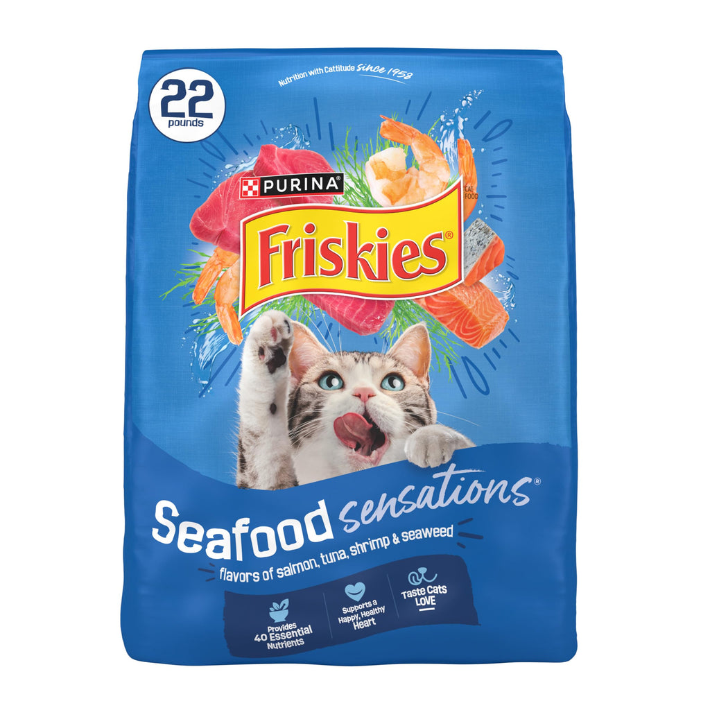 Friskies Purina Seafood Sensations Dry Cat Food, 22 lb Bag | Crunchy cat kibble with salmon, tuna and shrimp flavors, with protein for healthy muscles and fatty acids for skin and coat